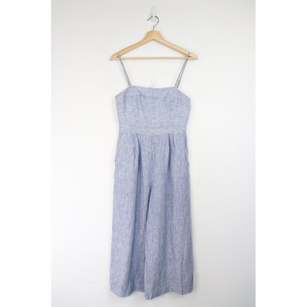 J. Crew Petite Linen Striped Jumpsuit Sleeveless Wide Leg Pinstripe Blue White 2 - Picture 3 of 7